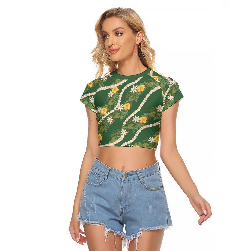 Hawaiian Pikake Maile Lei Raglan Cropped T Shirt Tiare Hibiscus Kalo Palapalai Leaf Green LT19 Female Green - Polynesian Pride