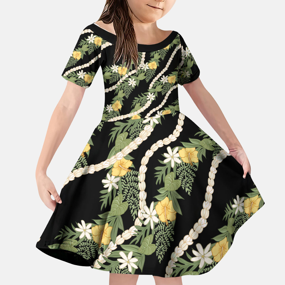 Hawaiian Pikake Maile Lei Kid Short Sleeve Dress Tiare Hibiscus Kalo Palapalai Leaf Black LT19 KID Black - Polynesian Pride