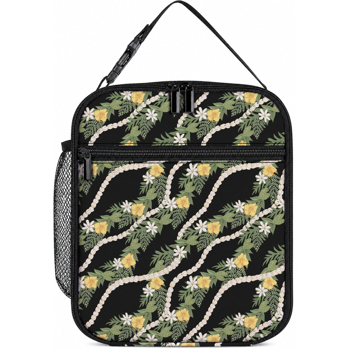 Hawaiian Pikake Maile Lei Lunch Bag Tiare Hibiscus Kalo Palapalai Leaf Black LT19 10.2 × 8.3 × 4.3 inch Black - Polynesian Pride