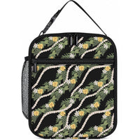 Hawaiian Pikake Maile Lei Lunch Bag Tiare Hibiscus Kalo Palapalai Leaf Black LT19 10.2 × 8.3 × 4.3 inch Black - Polynesian Pride