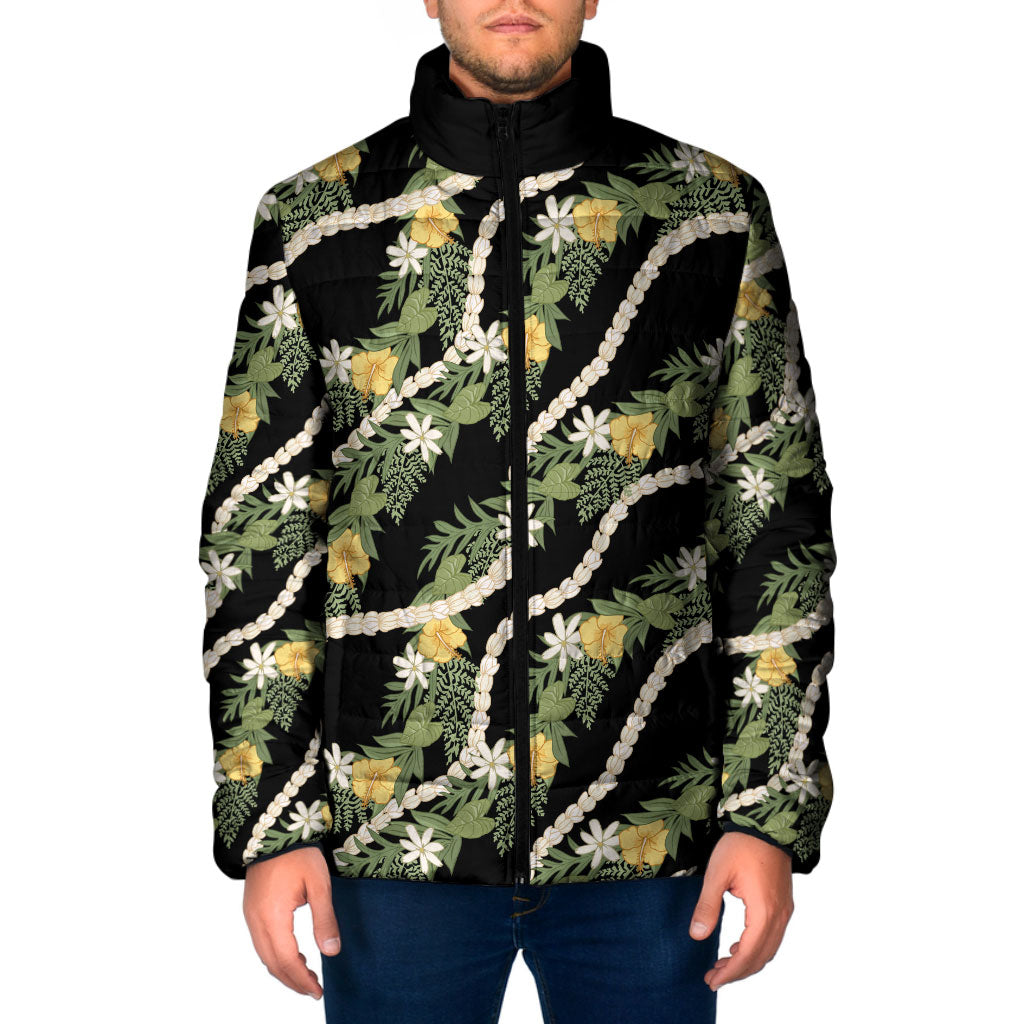Hawaiian Pikake Maile Lei Padded Jacket Tiare Hibiscus Kalo Palapalai Leaf Black LT19 Men Black - Polynesian Pride