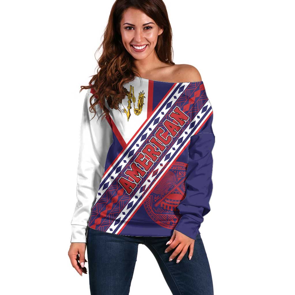 American Samoa Flag Day Off Shoulder Sweater Polynesian Tribal Tattoo Eagle Art LT19 Women Navy - Polynesian Pride
