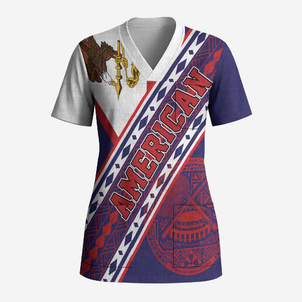American Samoa Flag Day Scrub Top Polynesian Tribal Tattoo Eagle Art LT19 Adult Navy - Polynesian Pride