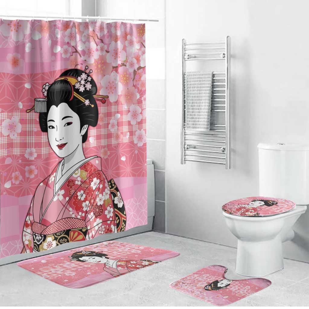 Japanese Geisha Cherry Blossom Bathroom Set Pink Palaka Hawaii Pattern Fusion Design LT19 Bathroom Set (4 pcs) Pink - Polynesian Pride