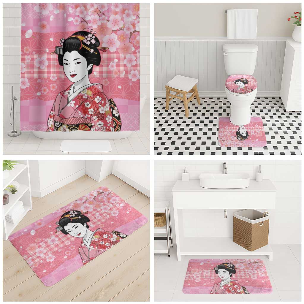 Japanese Geisha Cherry Blossom Bathroom Set Pink Palaka Hawaii Pattern Fusion Design LT19 - Polynesian Pride