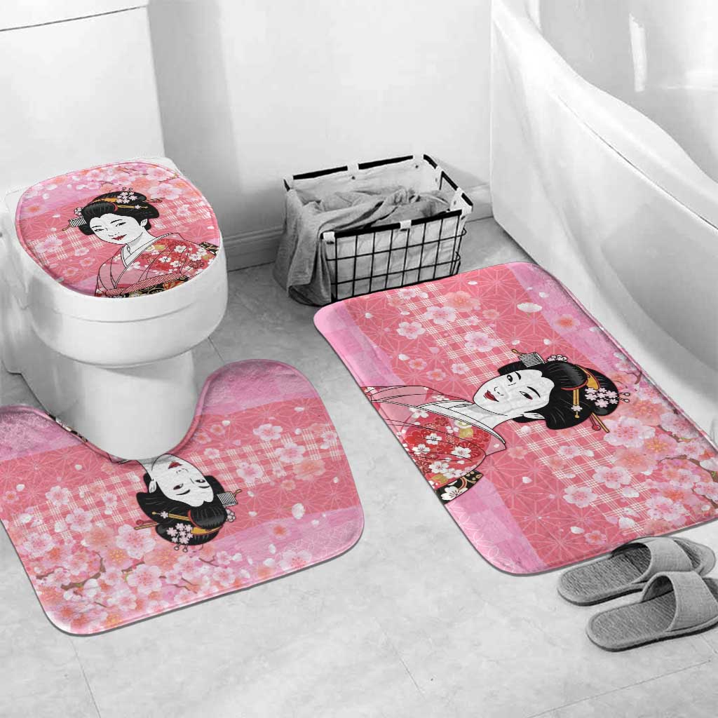 Japanese Geisha Cherry Blossom Bathroom Set Pink Palaka Hawaii Pattern Fusion Design LT19 Mat Set Only (3 pcs) One Size Pink - Polynesian Pride