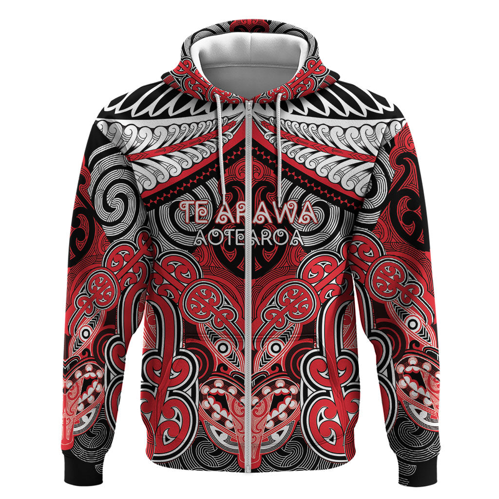 Aotearoa Iwi Te Arawa Personalised Zip Hoodie Maori Kowhaiwhai Pattern LT19 Zip Hoodie Red - Polynesian Pride