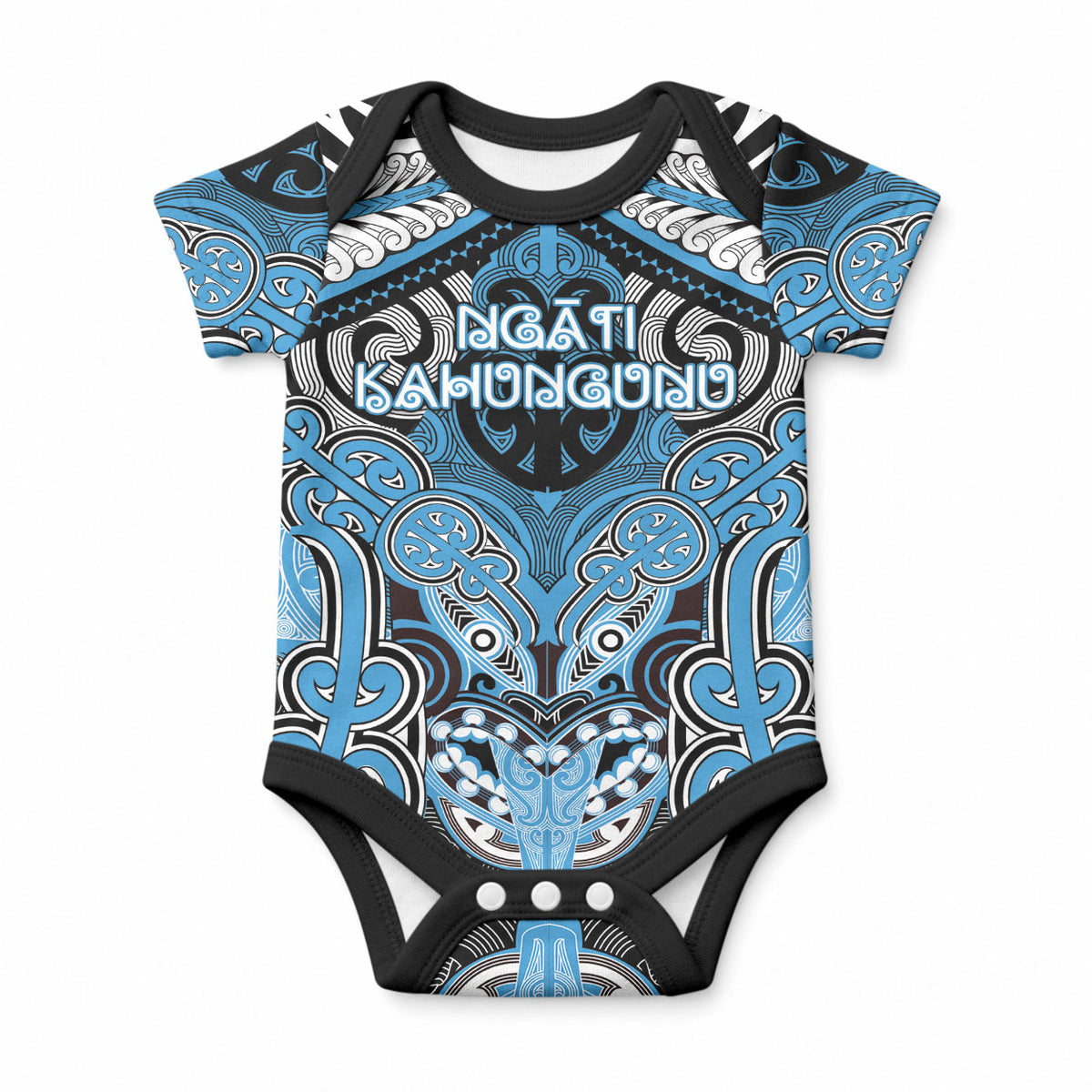 Aotearoa Iwi Ngati Kahungunu Personalised Baby Onesie Maori Kowhaiwhai Pattern LT19 Blue - Polynesian Pride