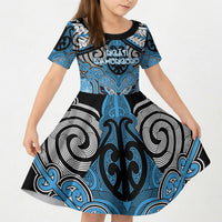 Aotearoa Iwi Ngati Kahungunu Personalised Kid Short Sleeve Dress Maori Kowhaiwhai Pattern LT19 KID Blue - Polynesian Pride