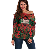 Aotearoa Iwi Tuhoe Personalised Off Shoulder Sweater Maori Kowhaiwhai Pattern LT19 Women Red - Polynesian Pride