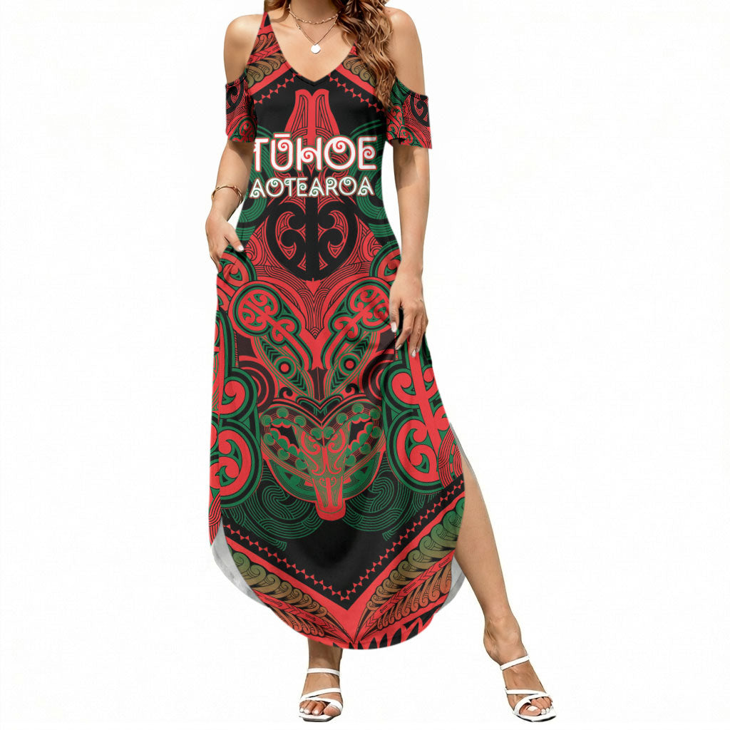 Aotearoa Iwi Tuhoe Personalised Summer Maxi Dress Maori Kowhaiwhai Pattern LT19 Women Red - Polynesian Pride