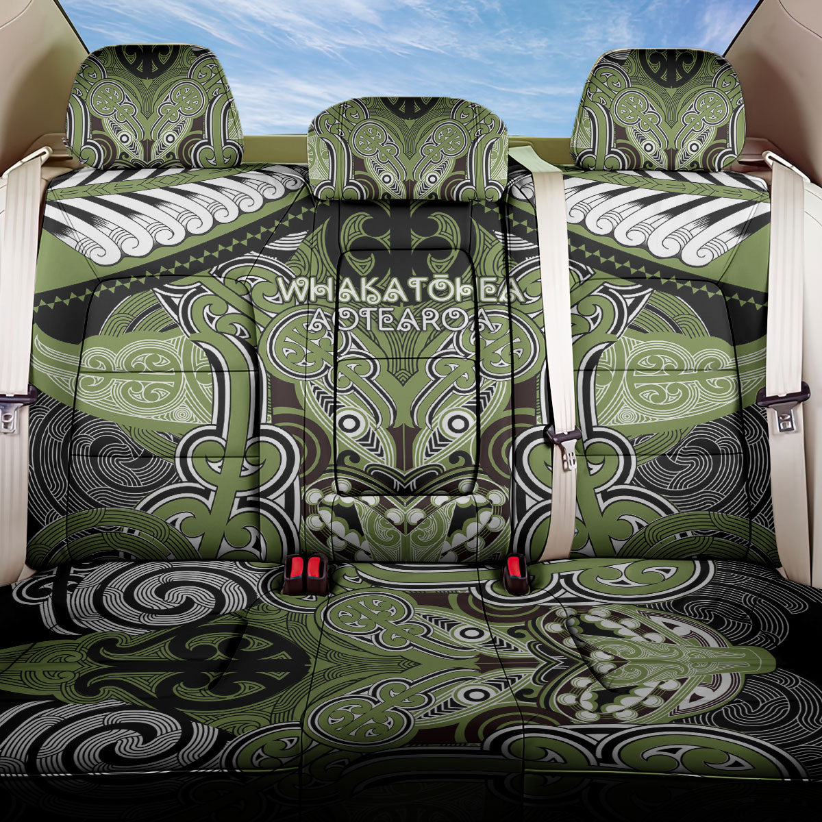 Aotearoa Iwi Whakatohea Back Car Seat Cover Maori Kowhaiwhai Pattern LT19 One Size Olive Green - Polynesian Pride