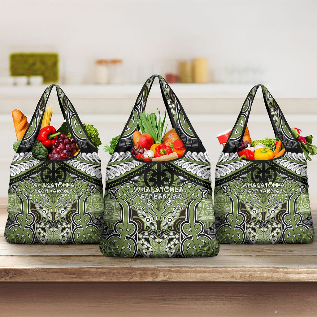 Aotearoa Iwi Whakatohea Grocery Bag Maori Kowhaiwhai Pattern LT19 3-pack One Size Olive Green - Polynesian Pride
