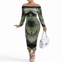Aotearoa Iwi Whakatohea Personalised Off The Shoulder Long Sleeve Dress Maori Kowhaiwhai Pattern LT19 Women Olive Green - Polynesian Pride