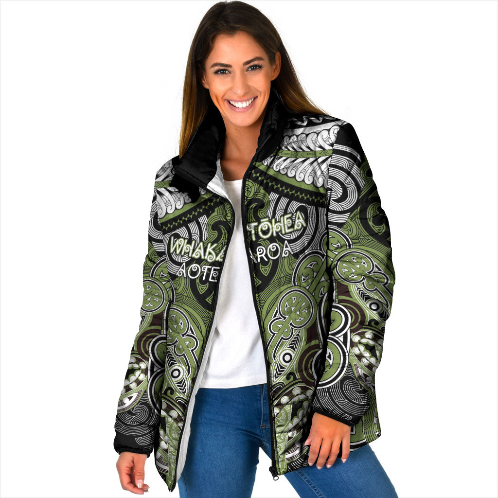 Aotearoa Iwi Whakatohea Personalised Padded Jacket Maori Kowhaiwhai Pattern LT19 Women Olive Green - Polynesian Pride