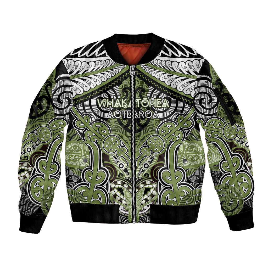 Aotearoa Iwi Whakatohea Personalised Sleeve Zip Bomber Jacket Maori Kowhaiwhai Pattern LT19 Unisex Olive Green - Polynesian Pride