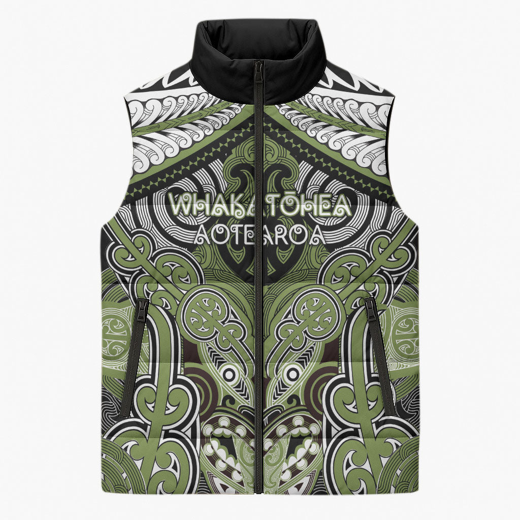 Aotearoa Iwi Whakatohea Personalised Sleeveless Puffer Jacket Maori Kowhaiwhai Pattern LT19 Unisex Olive Green - Polynesian Pride