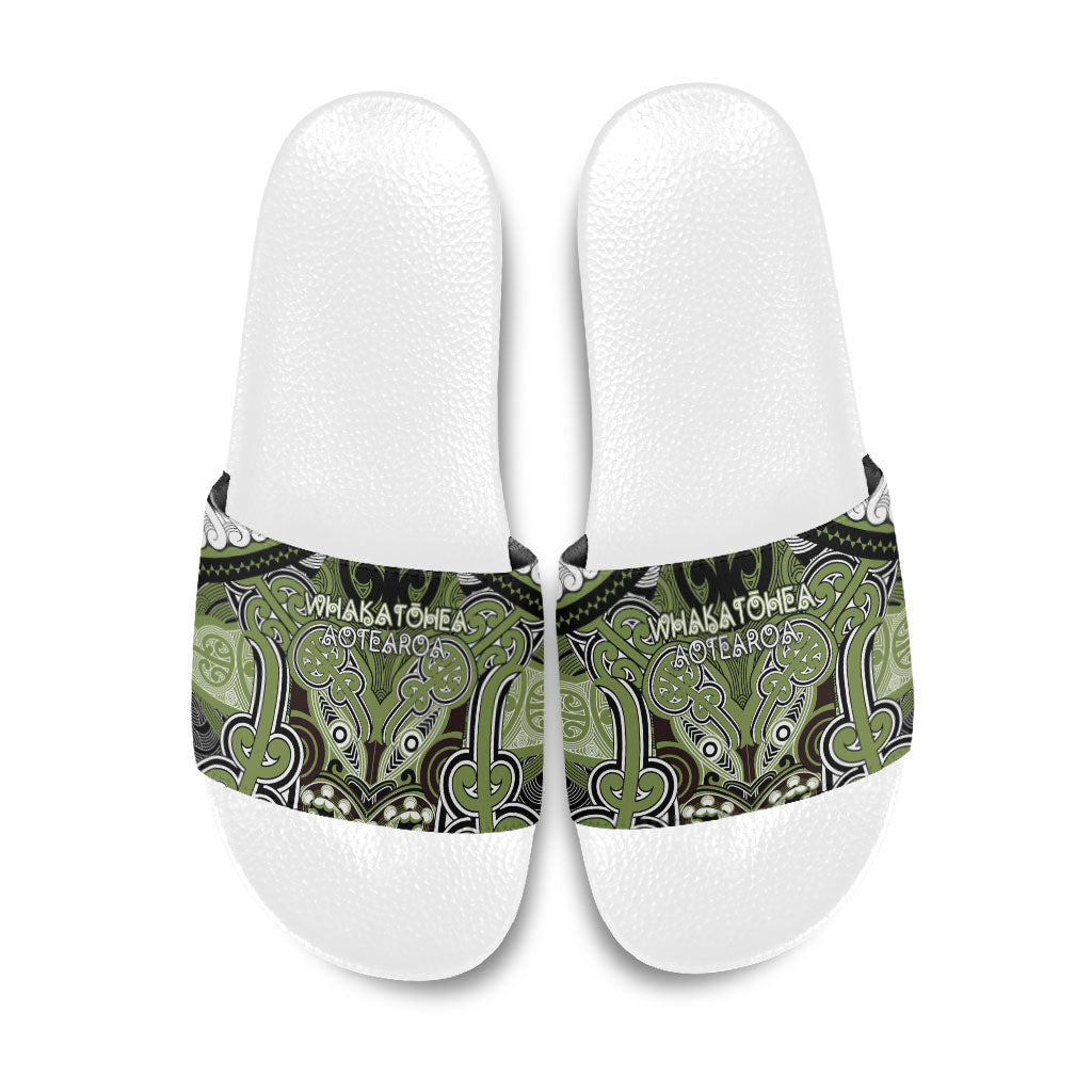 Aotearoa Iwi Whakatohea Slide Sandals Maori Kowhaiwhai Pattern LT19 Olive Green - Polynesian Pride