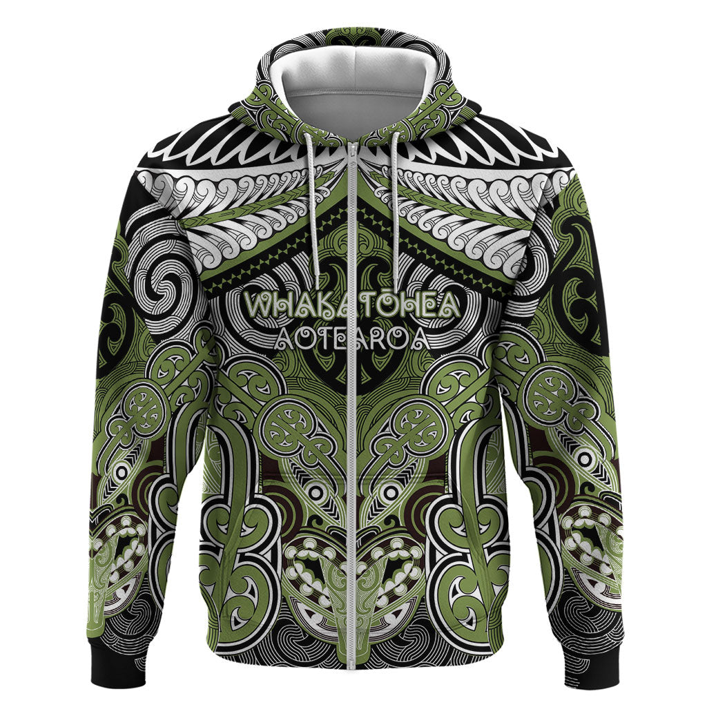 Aotearoa Iwi Whakatohea Personalised Zip Hoodie Maori Kowhaiwhai Pattern LT19 Zip Hoodie Olive Green - Polynesian Pride