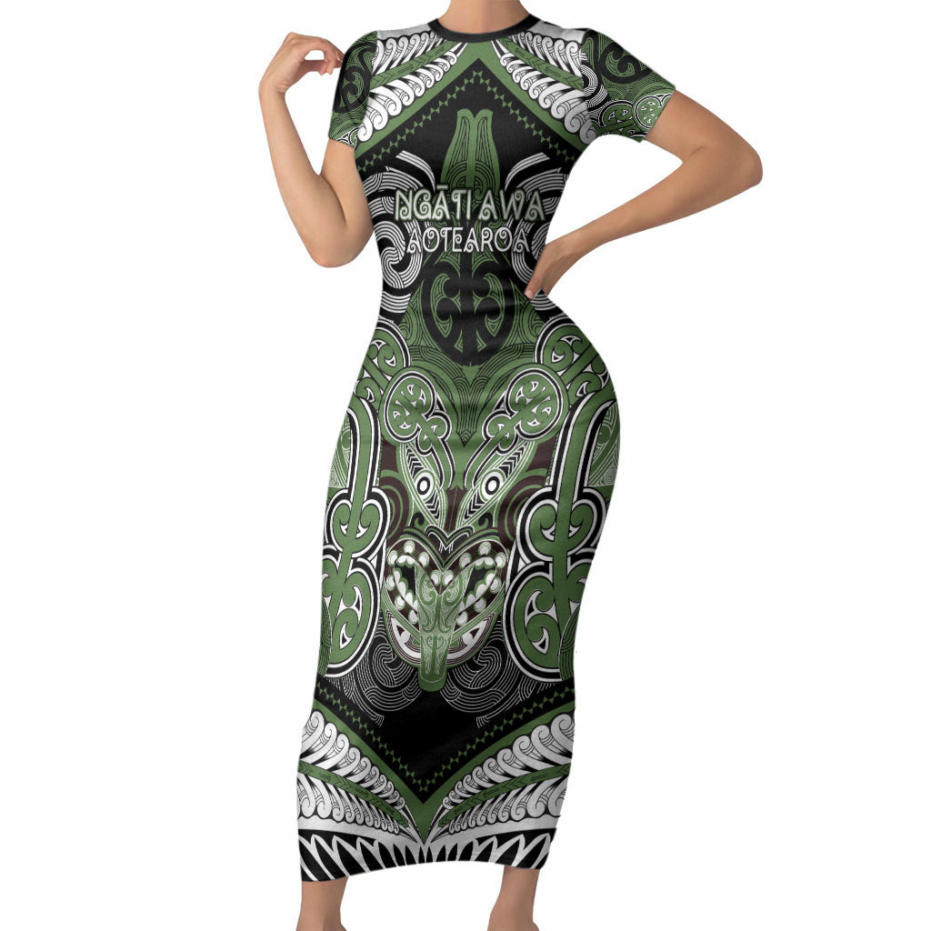 Aotearoa Iwi Ngati Awa Personalised Short Sleeve Bodycon Dress Maori Kowhaiwhai Pattern LT19 Long Dress Green - Polynesian Pride