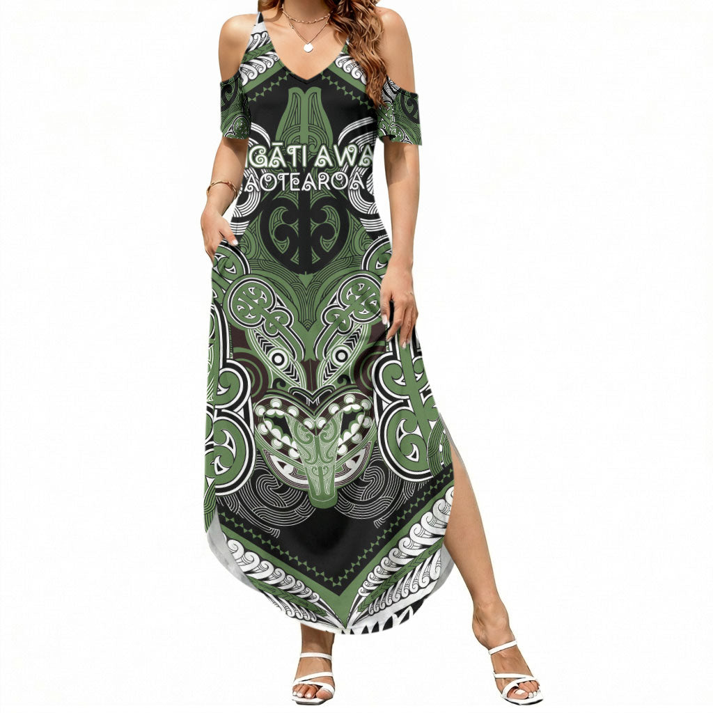 Aotearoa Iwi Ngati Awa Personalised Summer Maxi Dress Maori Kowhaiwhai Pattern LT19 Women Green - Polynesian Pride