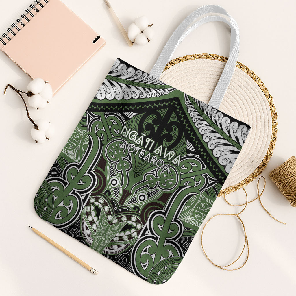 Aotearoa Iwi Ngati Awa Tote Bag Maori Kowhaiwhai Pattern LT19 White Strap One Size Green - Polynesian Pride