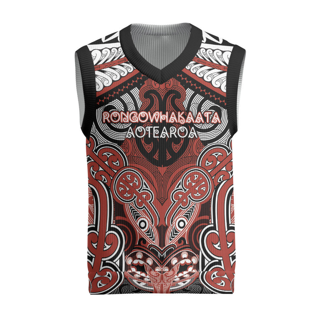 Aotearoa Iwi Rongowhakaata Personalised Christmas Knitted V-Neck Vest Maori Kowhaiwhai Pattern LT19 Red - Polynesian Pride