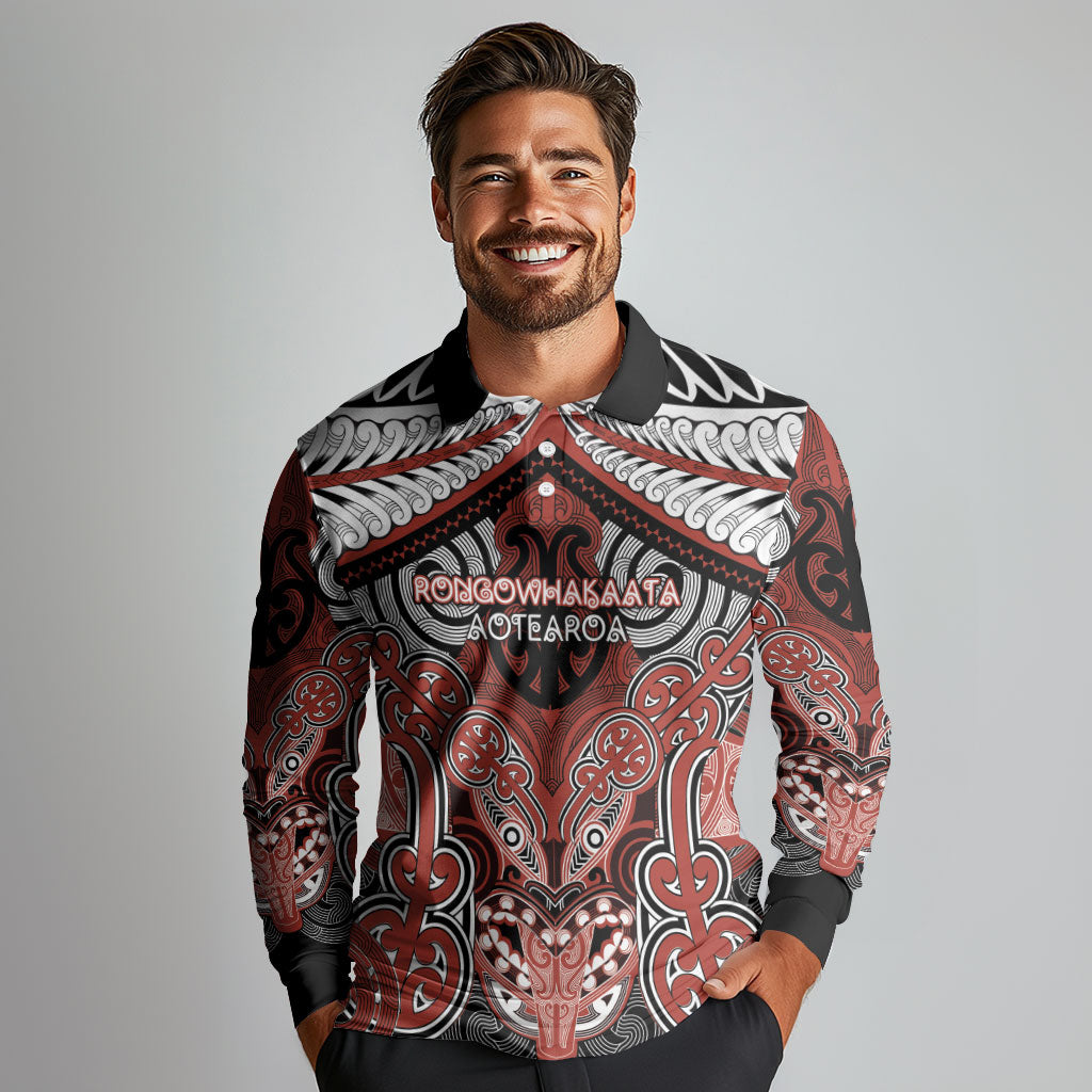Aotearoa Iwi Rongowhakaata Personalised Long Sleeve Polo Shirt Maori Kowhaiwhai Pattern LT19 - Polynesian Pride