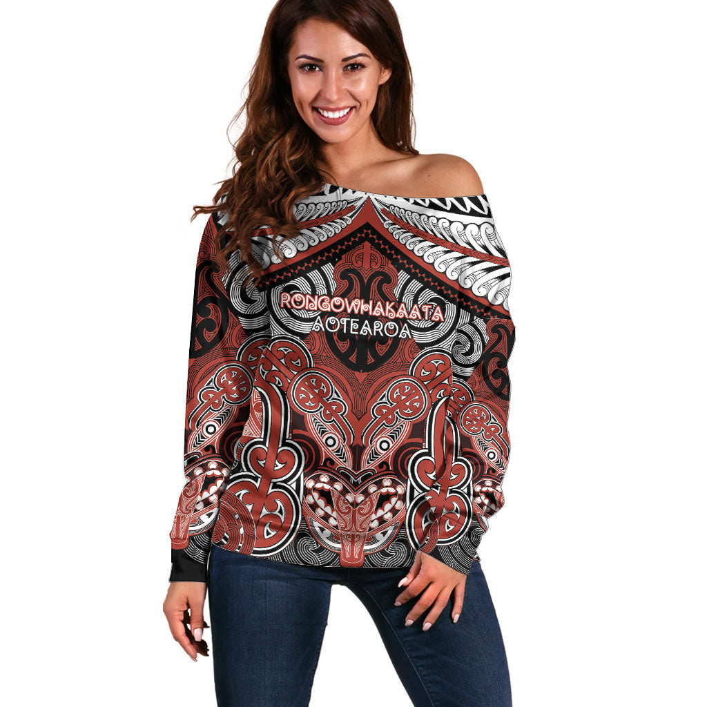Aotearoa Iwi Rongowhakaata Personalised Off Shoulder Sweater Maori Kowhaiwhai Pattern LT19 Women Red - Polynesian Pride