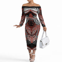 Aotearoa Iwi Rongowhakaata Personalised Off The Shoulder Long Sleeve Dress Maori Kowhaiwhai Pattern LT19 Women Red - Polynesian Pride