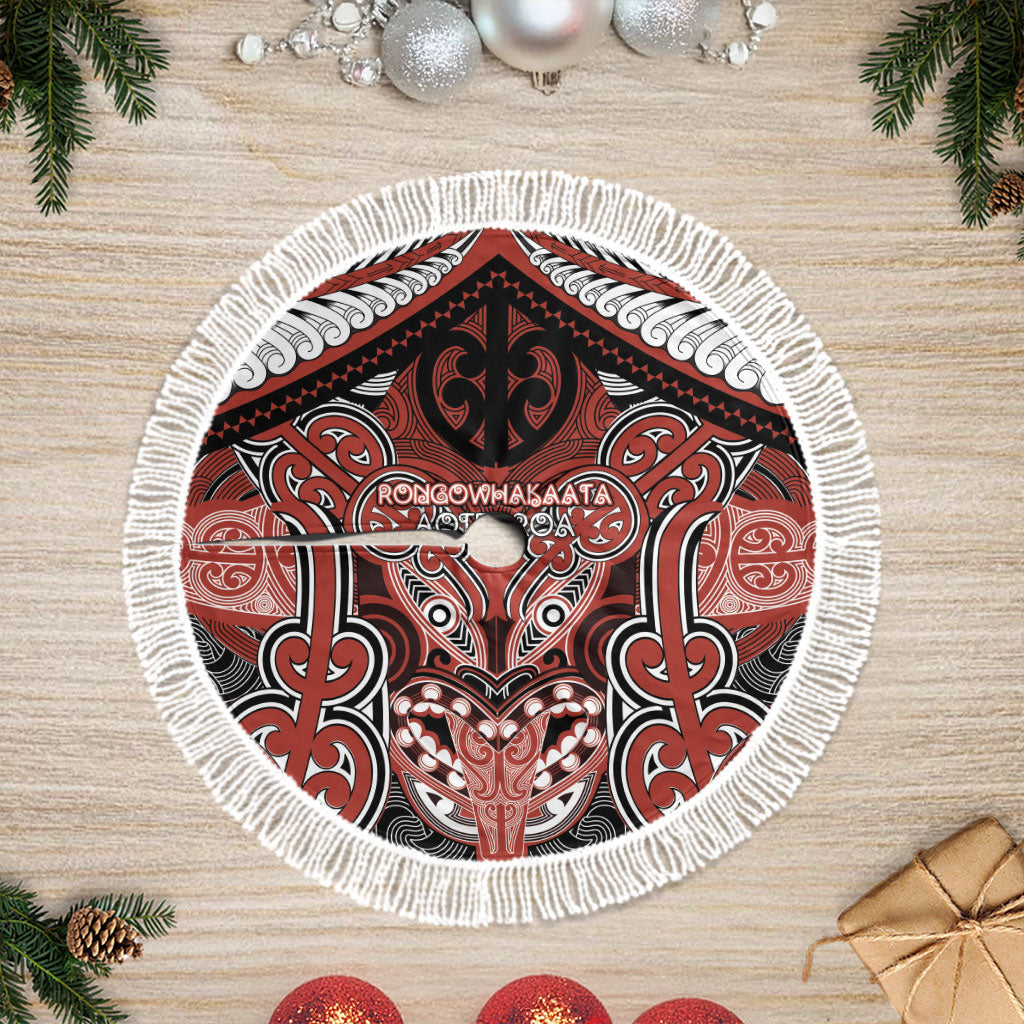Aotearoa Iwi Rongowhakaata Tree Skirt Maori Kowhaiwhai Pattern LT19 Fringed Red - Polynesian Pride