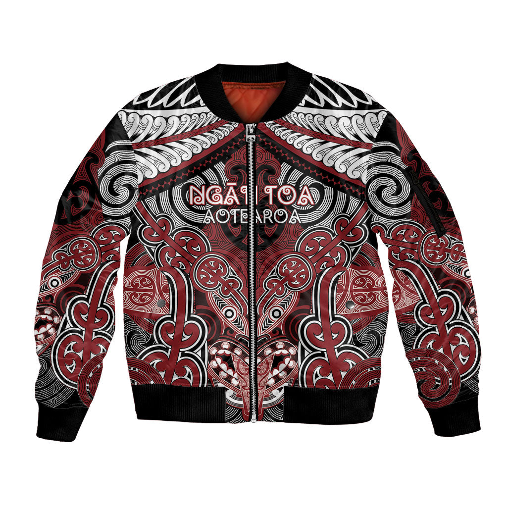 Aotearoa Iwi Ngati Toa Personalised Sleeve Zip Bomber Jacket Maori Kowhaiwhai Pattern LT19 Unisex Red - Polynesian Pride