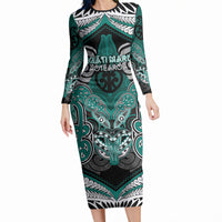 Aotearoa Iwi Ngati Maru Personalised Long Sleeve Bodycon Dress Maori Kowhaiwhai Pattern LT19 Long Dress Deep Teal - Polynesian Pride