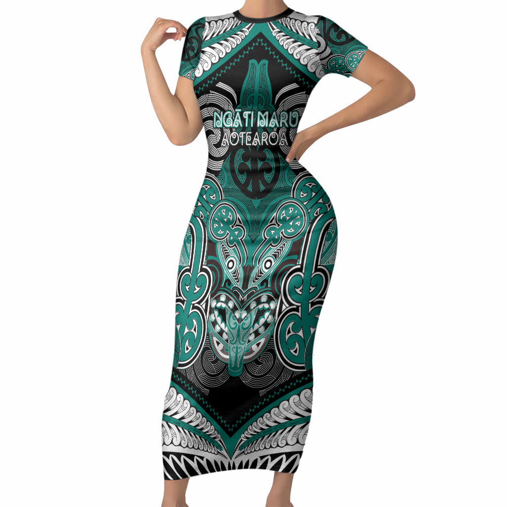 Aotearoa Iwi Ngati Maru Personalised Short Sleeve Bodycon Dress Maori Kowhaiwhai Pattern LT19 Long Dress Deep Teal - Polynesian Pride