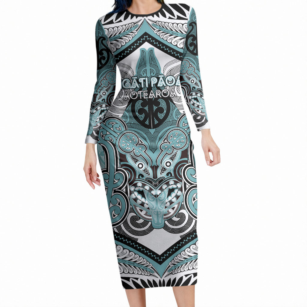 Aotearoa Iwi Ngati Paoa Personalised Long Sleeve Bodycon Dress Maori Kowhaiwhai Pattern LT19 Long Dress Turquoise - Polynesian Pride