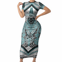 Aotearoa Iwi Ngati Paoa Personalised Short Sleeve Bodycon Dress Maori Kowhaiwhai Pattern LT19 Long Dress Turquoise - Polynesian Pride