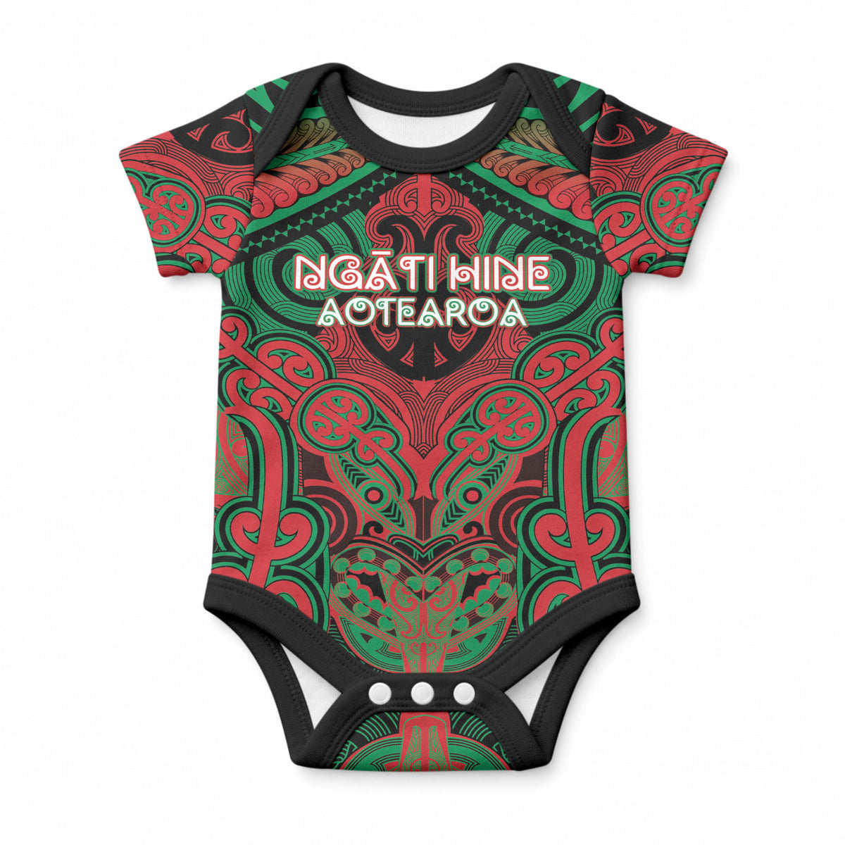 Aotearoa Iwi Ngati Hine Personalised Baby Onesie Maori Kowhaiwhai Pattern LT19 Green - Polynesian Pride