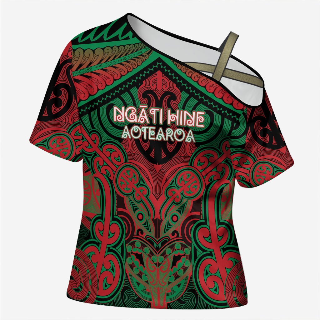 Aotearoa Iwi Ngati Hine Personalised Cross Shoulder Shirt Maori Kowhaiwhai Pattern LT19 Female Green - Polynesian Pride