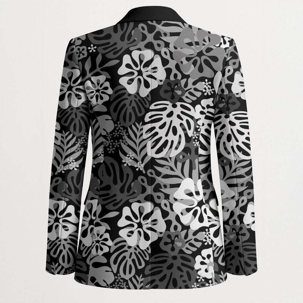 Black Aloha Hawaiian Blazer Monstera Hibiscus Tropical Pattern LT19 - Polynesian Pride