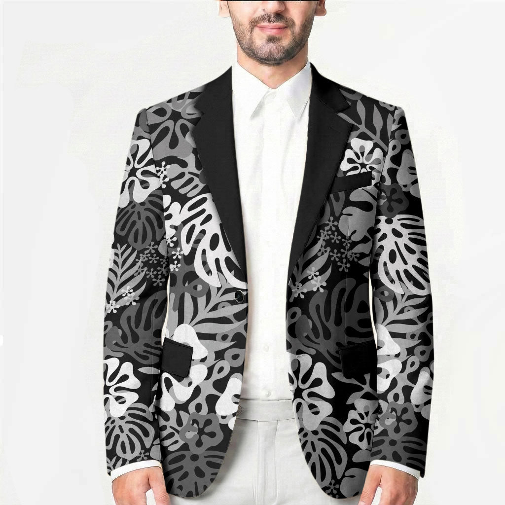 Black Aloha Hawaiian Blazer Monstera Hibiscus Tropical Pattern LT19 - Polynesian Pride