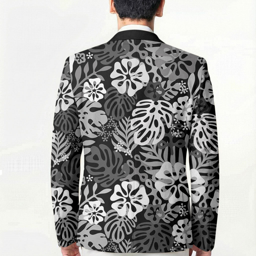 Black Aloha Hawaiian Blazer Monstera Hibiscus Tropical Pattern LT19 - Polynesian Pride