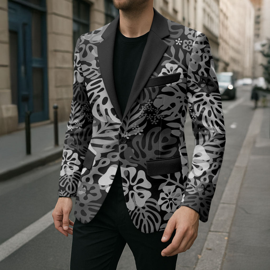 Black Aloha Hawaiian Blazer Monstera Hibiscus Tropical Pattern LT19 - Polynesian Pride