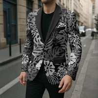Black Aloha Hawaiian Blazer Monstera Hibiscus Tropical Pattern LT19 - Polynesian Pride