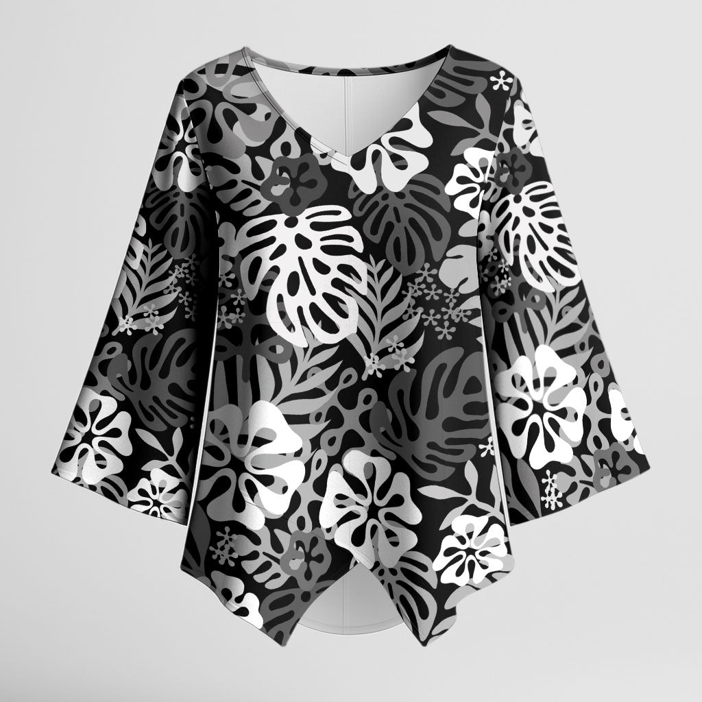 Black Aloha Hawaiian Kimono Sleeve Blouse Monstera Hibiscus Tropical Pattern LT19 Female Black - Polynesian Pride