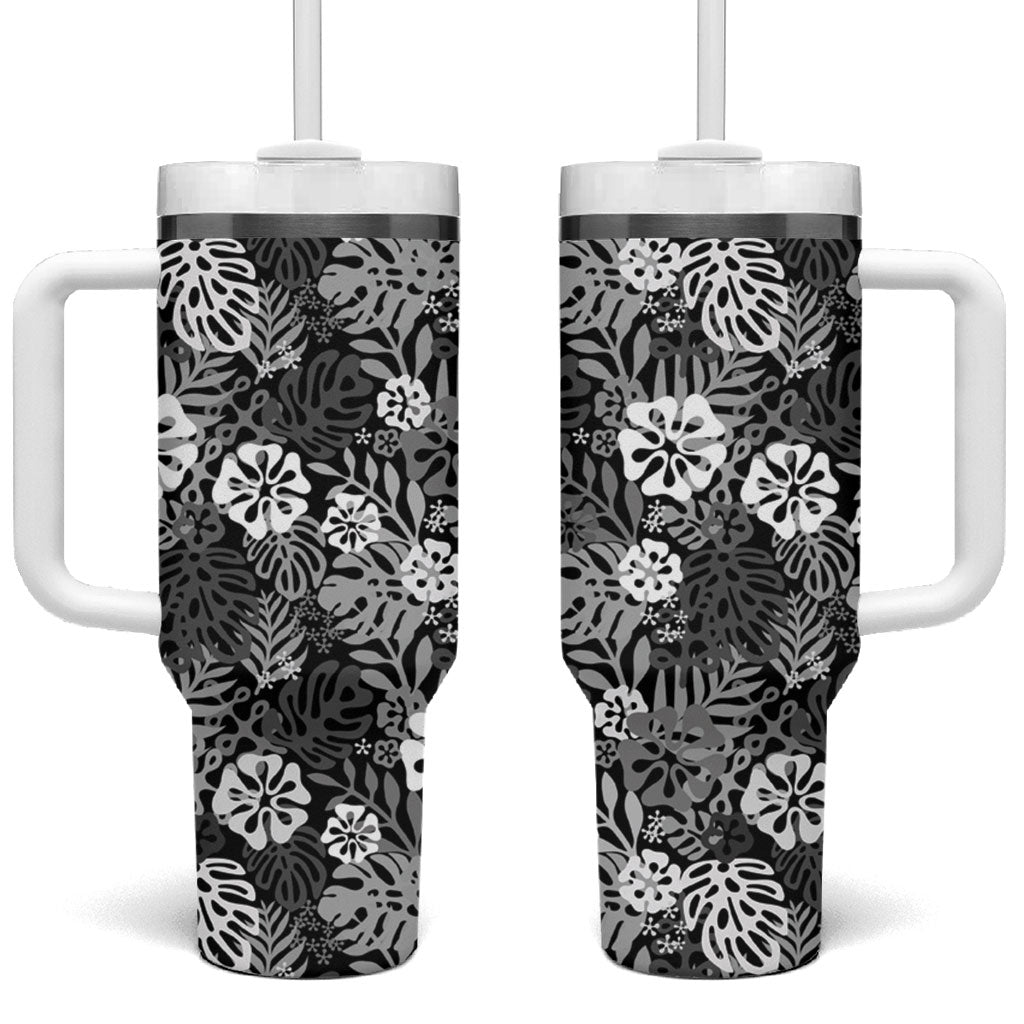 Black Aloha Hawaiian Tumbler With Handle Monstera Hibiscus Tropical Pattern LT19 One Size: 40 oz Black - Polynesian Pride