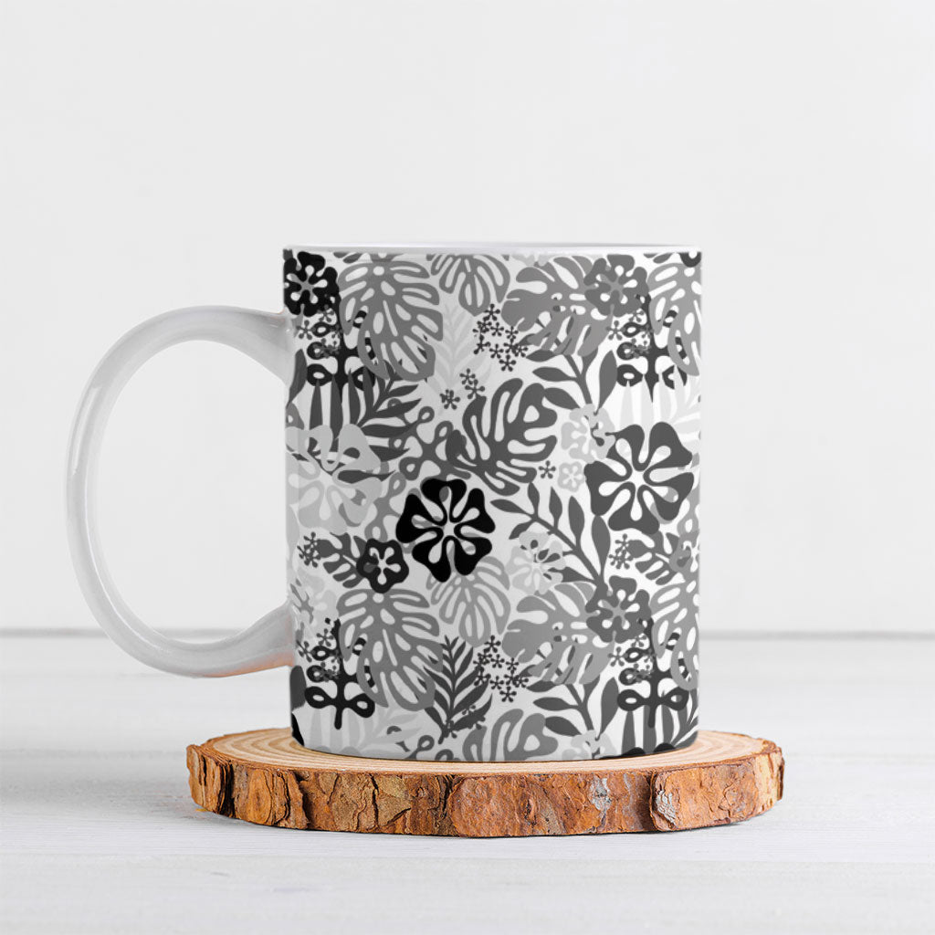 White Aloha Hawaiian Ceramic Mug Monstera Hibiscus Tropical Pattern LT19 White - Polynesian Pride