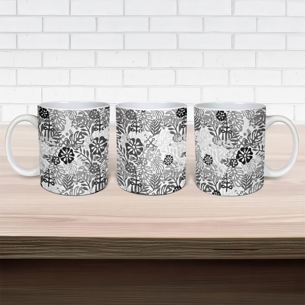 White Aloha Hawaiian Ceramic Mug Monstera Hibiscus Tropical Pattern LT19 - Polynesian Pride
