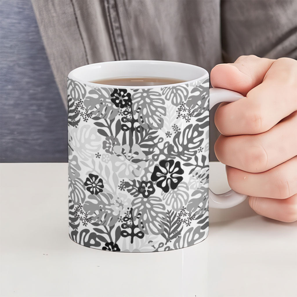 White Aloha Hawaiian Ceramic Mug Monstera Hibiscus Tropical Pattern LT19 - Polynesian Pride