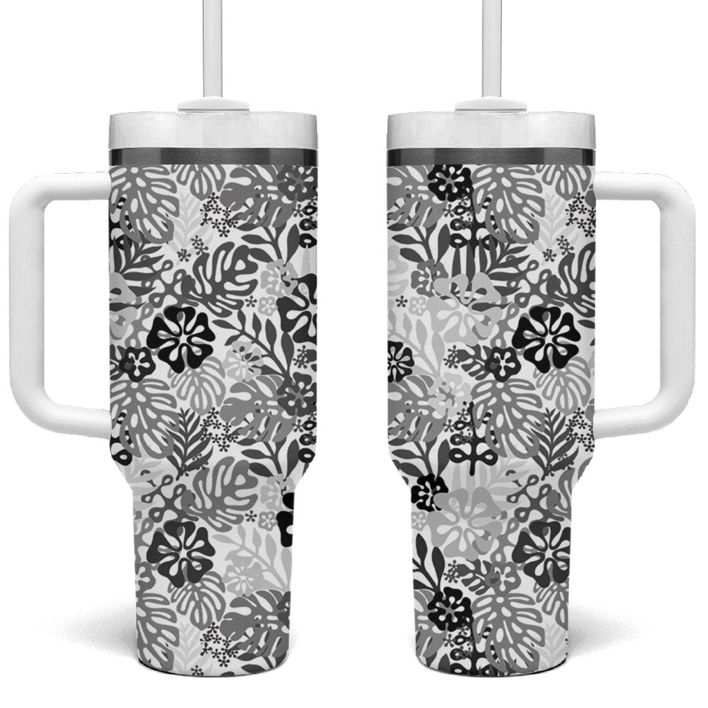 White Aloha Hawaiian Tumbler With Handle Monstera Hibiscus Tropical Pattern LT19 One Size: 40 oz White - Polynesian Pride