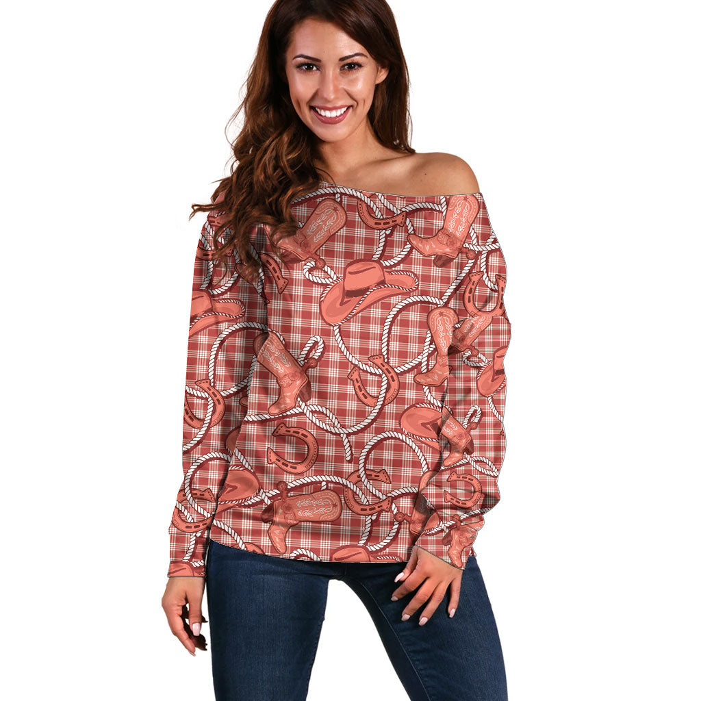 Red Hawaii Palaka Cowboy Off Shoulder Sweater Hawaiian Paniolo Festival Spirit LT19 Women Red - Polynesian Pride